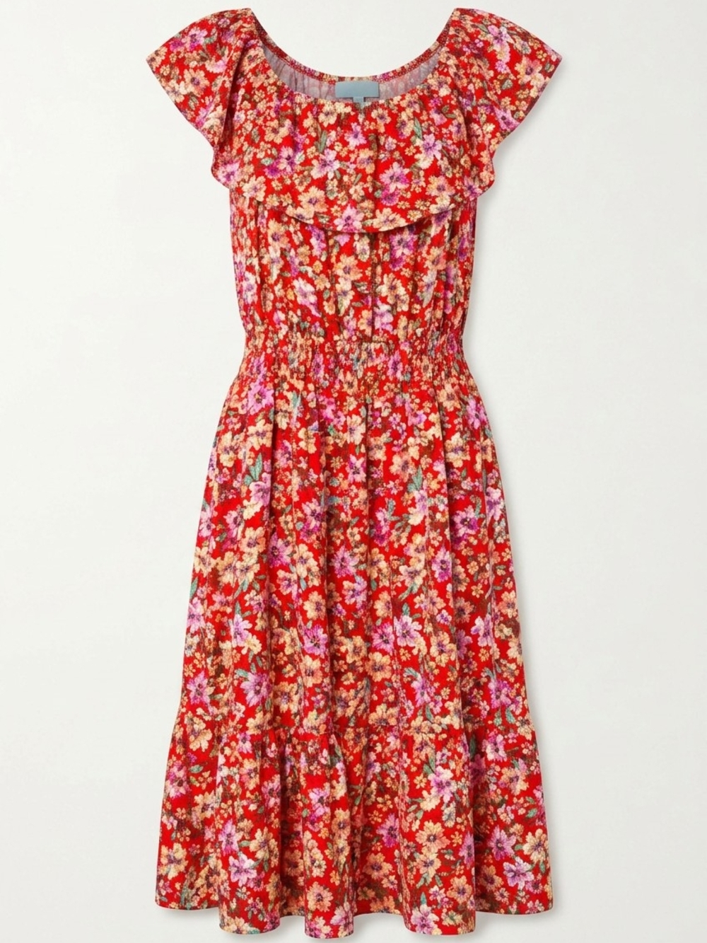 Red Floral Midi Dress with Smocked Waist and Ruffle Yoke